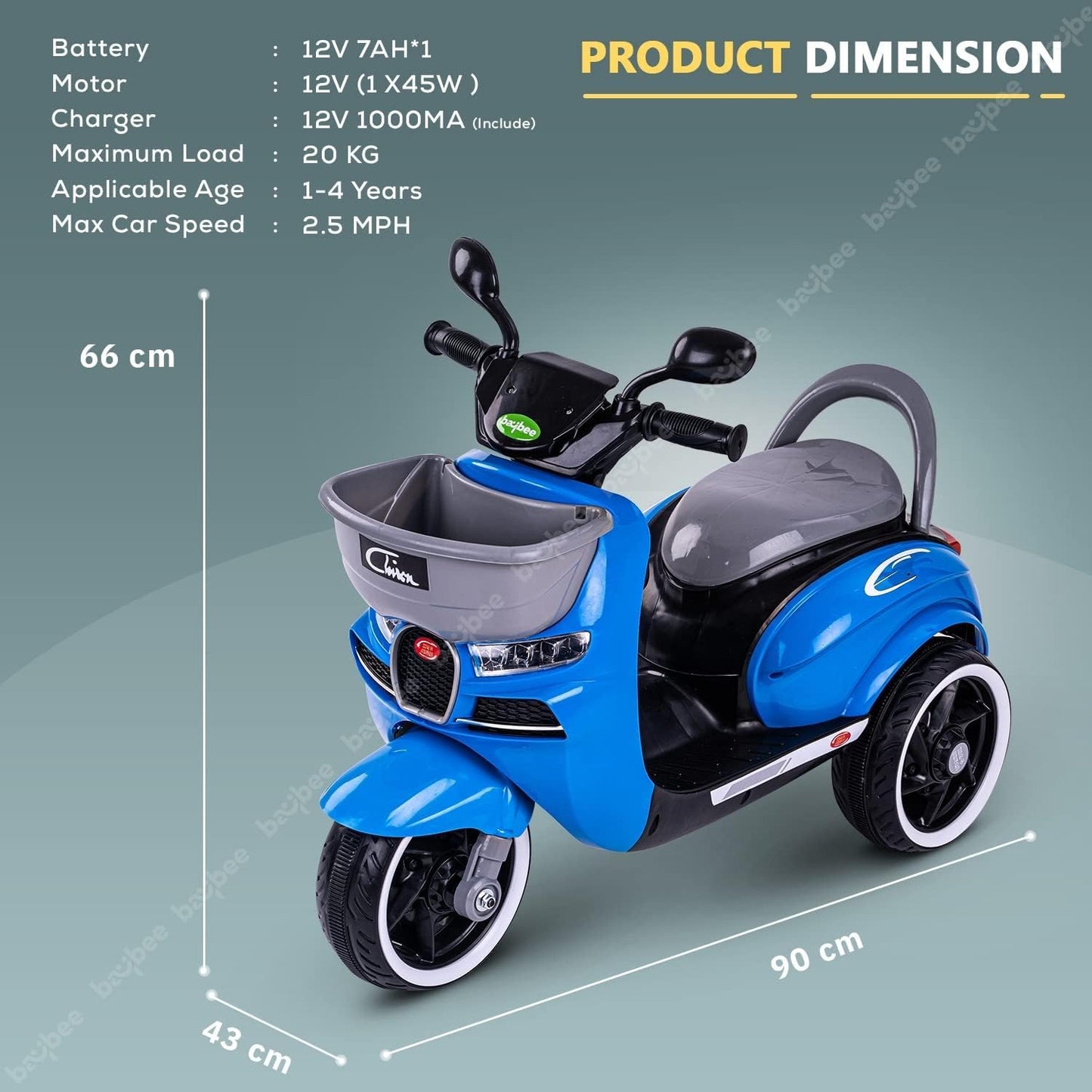 Baybee Pepto Kids Battery Operated Bike for Kids, Ride on Toy Baby Bike Scooty with Light & Music | Kids Bike Rechargeable Battery Bike | Electric Bike for Kids to Drive 1 to 3 Years Boy Girl (Blue)
