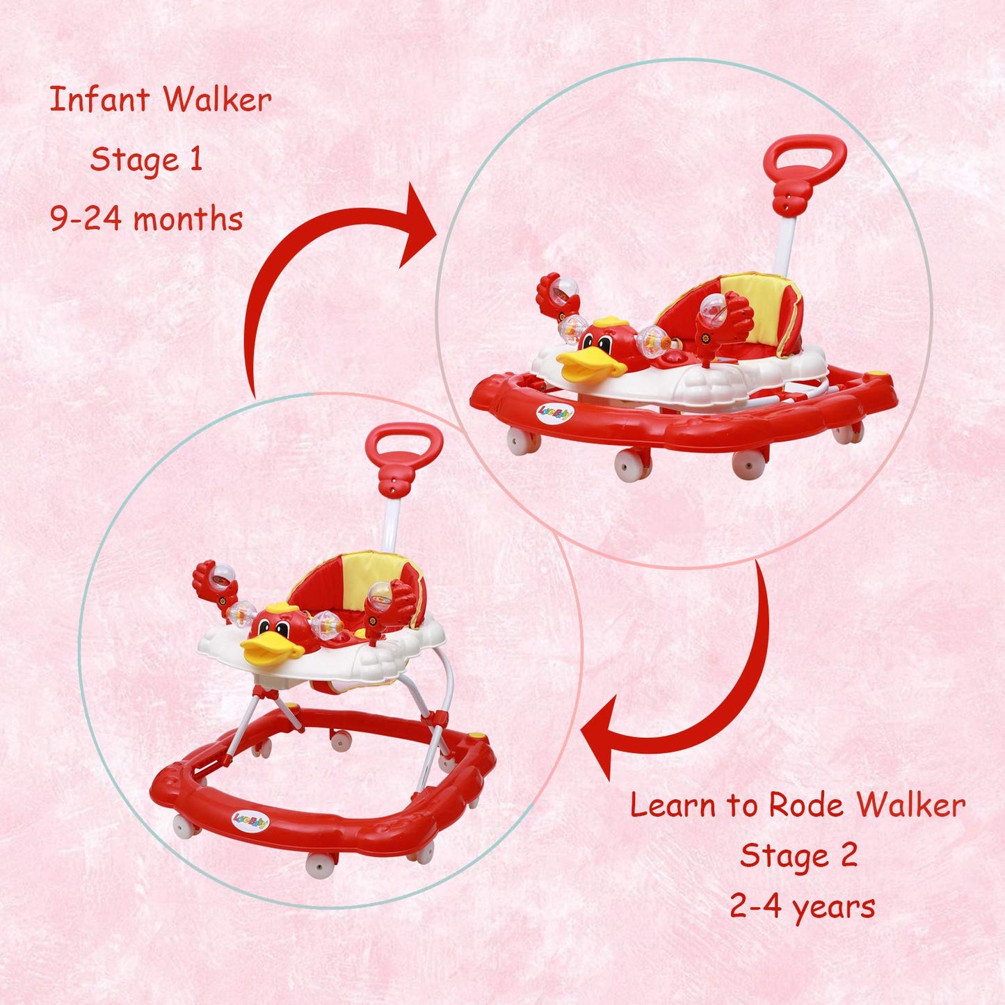 Love Baby Ultra Soft Seat Baby Activity Walker with Parental Control Handle, Adjustable Height and Musical Tray and Toys (Red) - MRGTOYS